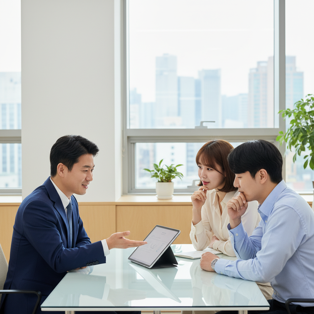 실손보험 전문가와 상담하는 부부 실손보험 전문가와 상담하는 부부
