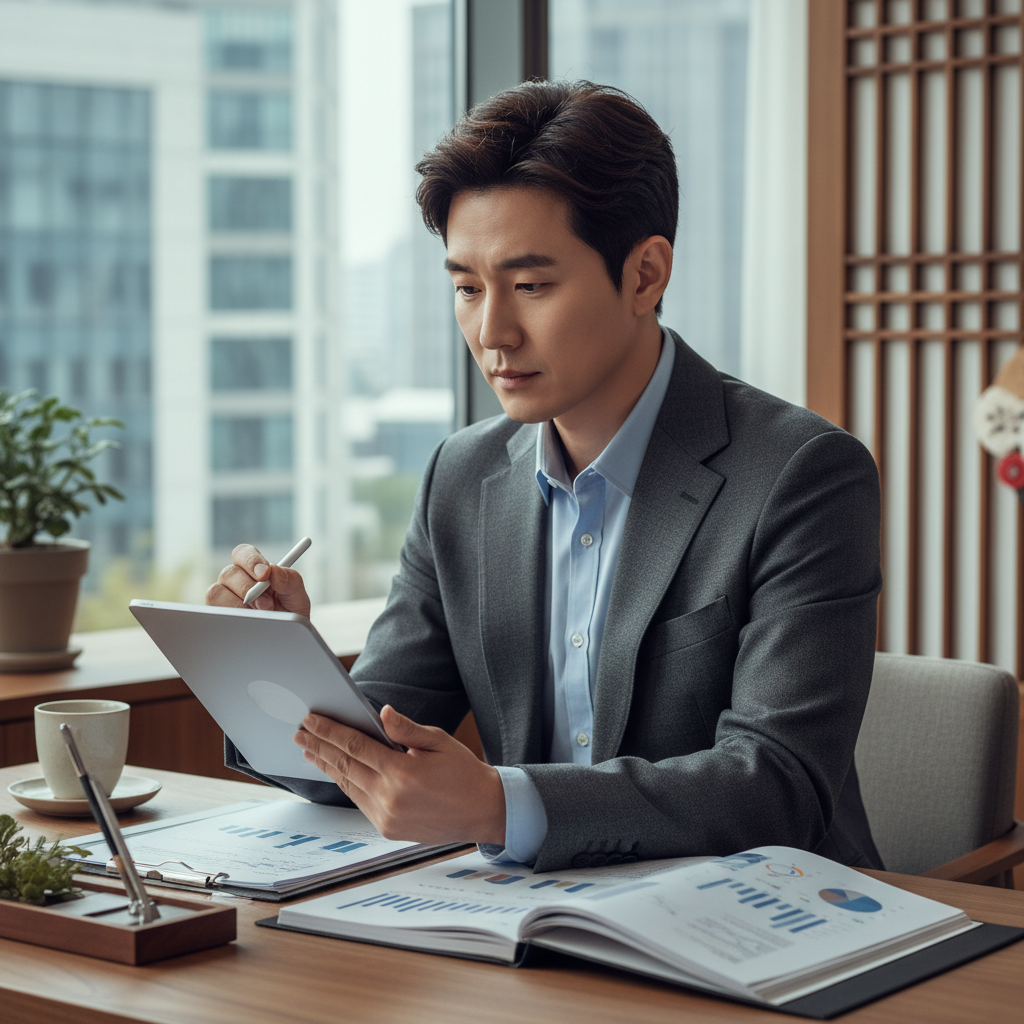 현대간병인보험 정보를 신중하게 살펴보는 모습