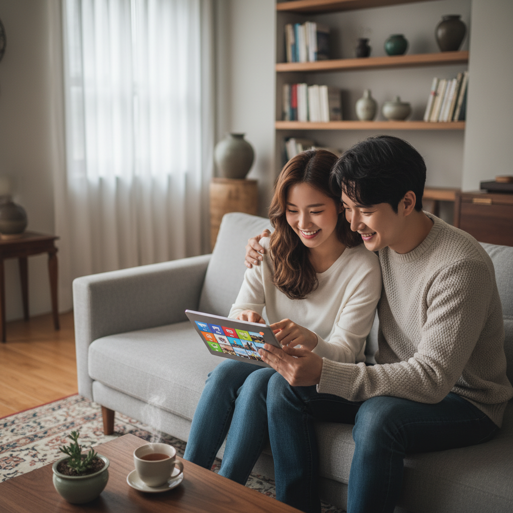 일일여행자보험 비교하며 여행 계획 중인 커플 일일여행자보험 비교하며 여행 계획 중인 커플
