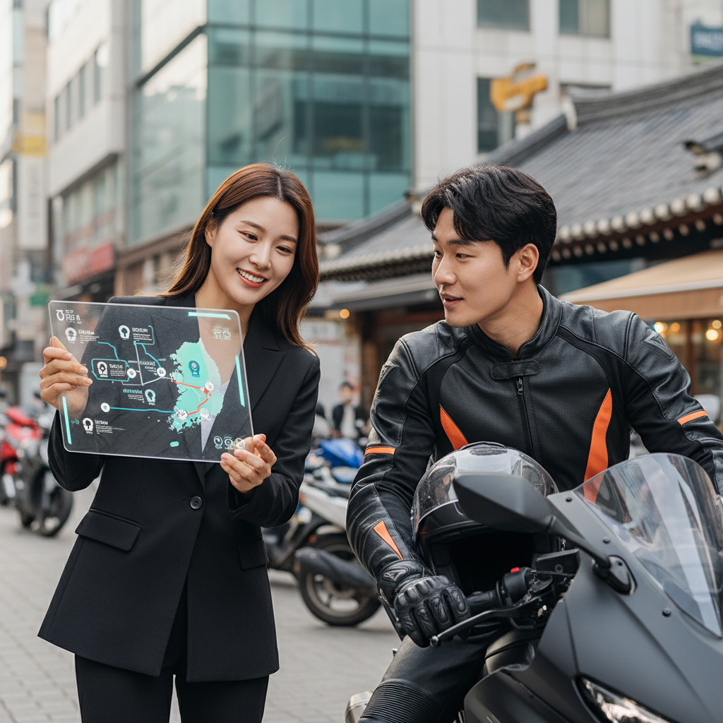 오토바이보험 전문가와 상담하는 라이더 오토바이보험 전문가와 상담하는 라이더