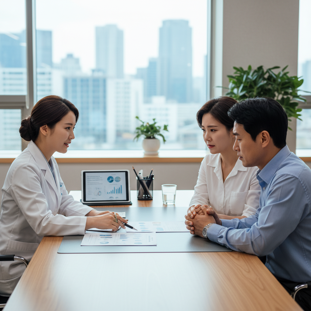 맹장수술비용 보장을 설명하는 의사와 상담하는 부부