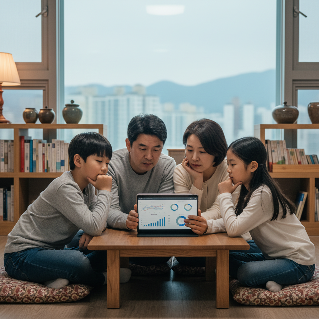 자동차화재보험 상품을 비교하는 가족 자동차화재보험 상품을 비교하는 가족