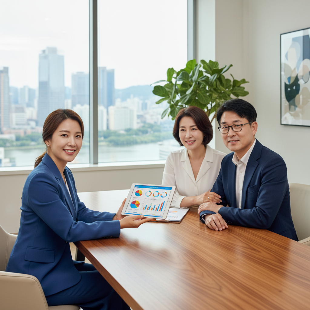 연금보험비교사이트에서 전문가의 도움을 받아 노후 설계를 상담하는 부부 연금보험비교사이트에서 전문가의 도움을 받아 노후 설계를 상담하는 부부