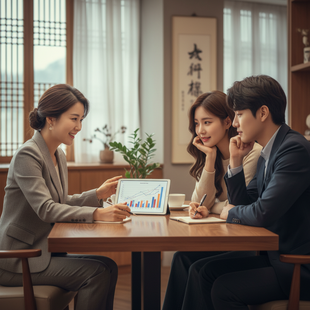 전문가와 20대종합보험 상담을 받는 젊은 커플