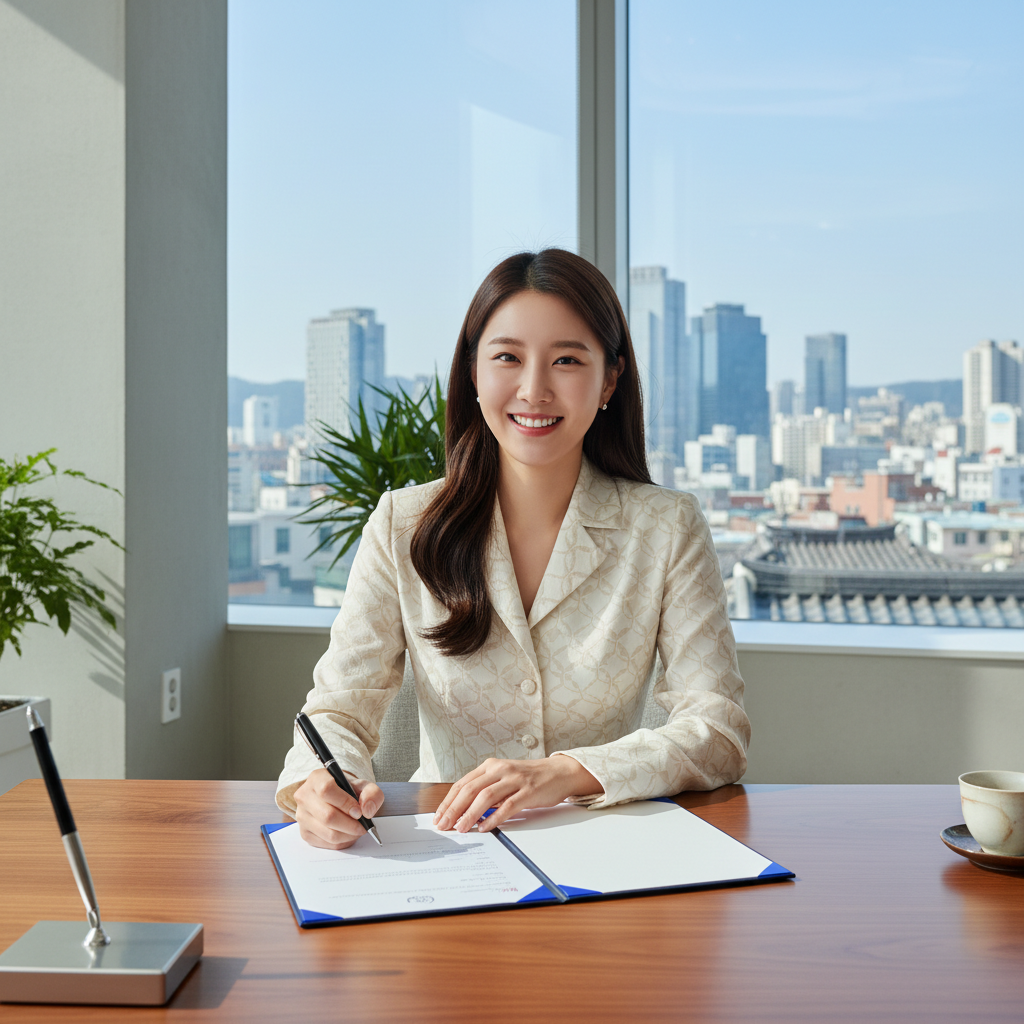 20대 여성이 실비보험 계약서에 서명하며 만족하는 모습