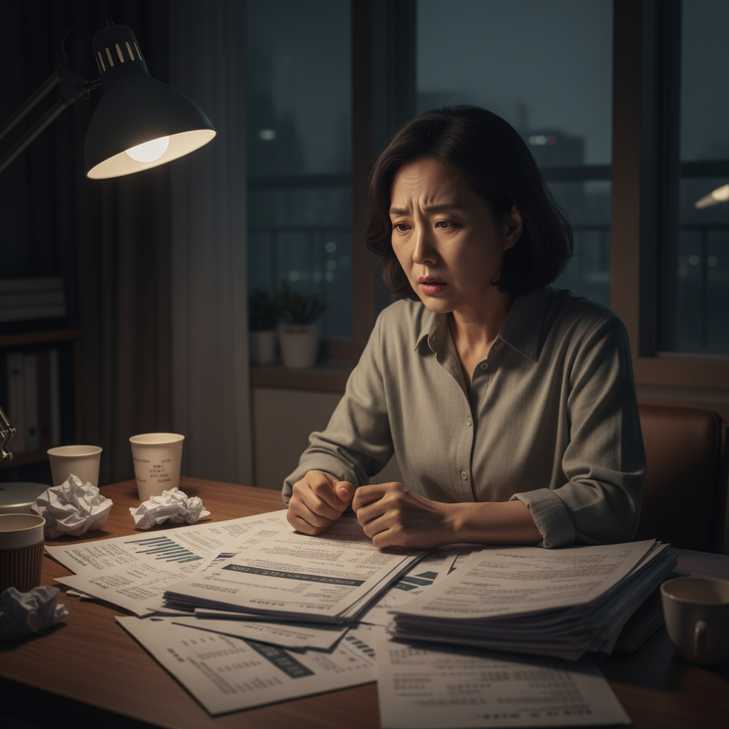 암보험 서류를 보며 걱정하는 여성의 모습