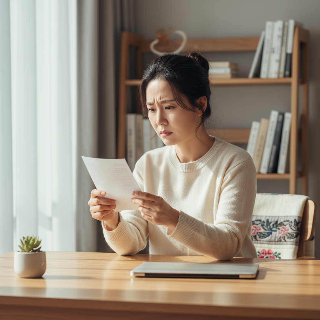 병원비 청구서를 보며 고민하는 여성의 모습 병원비 청구서를 보며 고민하는 여성의 모습