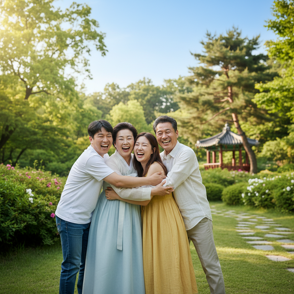 평화롭고 행복하게 웃고 있는 한국인 가족의 모습