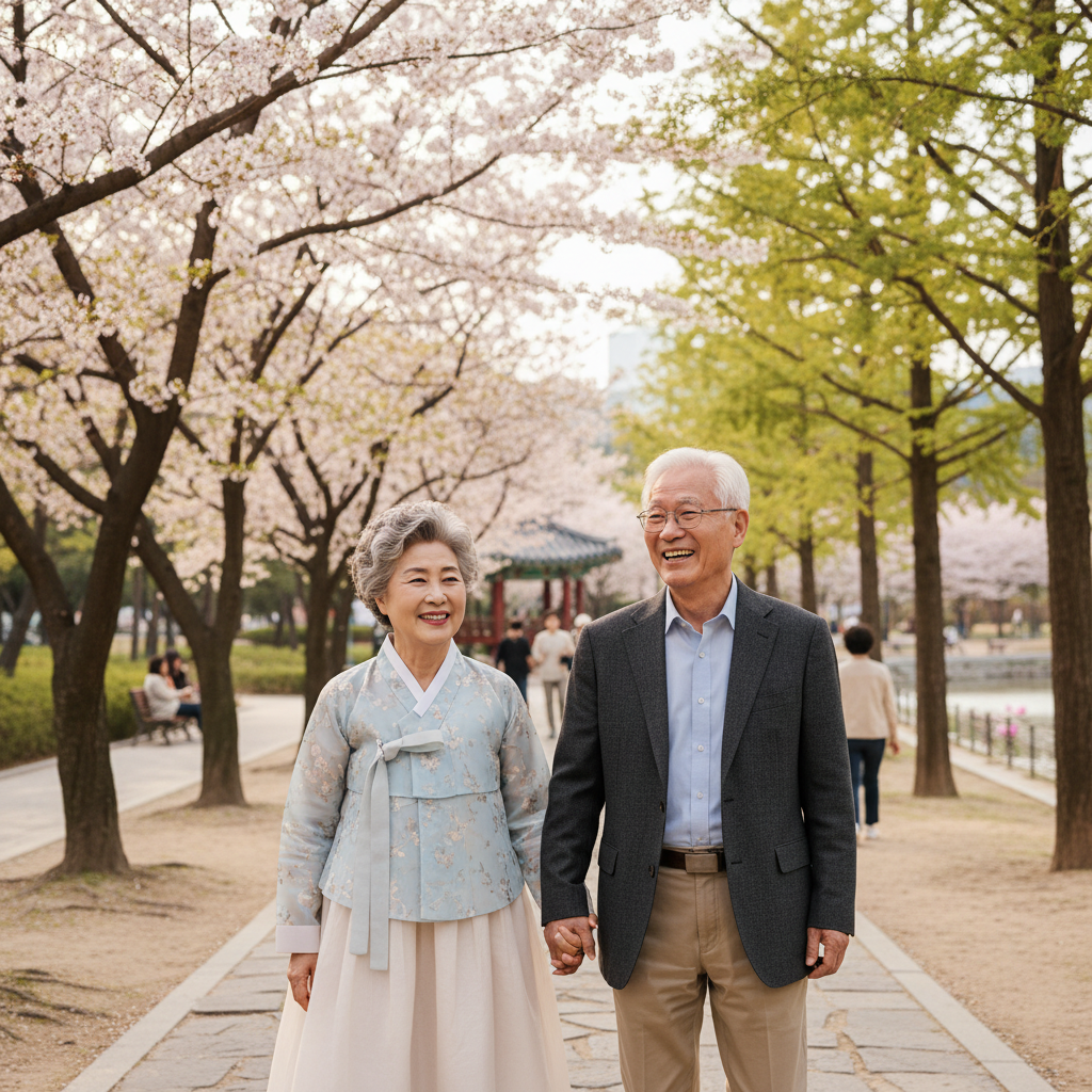건강하고 행복한 노년을 보내는 한국인 부부