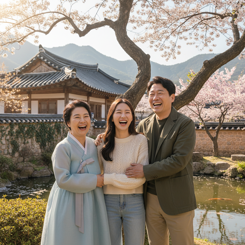 건강하고 행복하게 웃는 한국인 가족, 보험 준비 후 안심