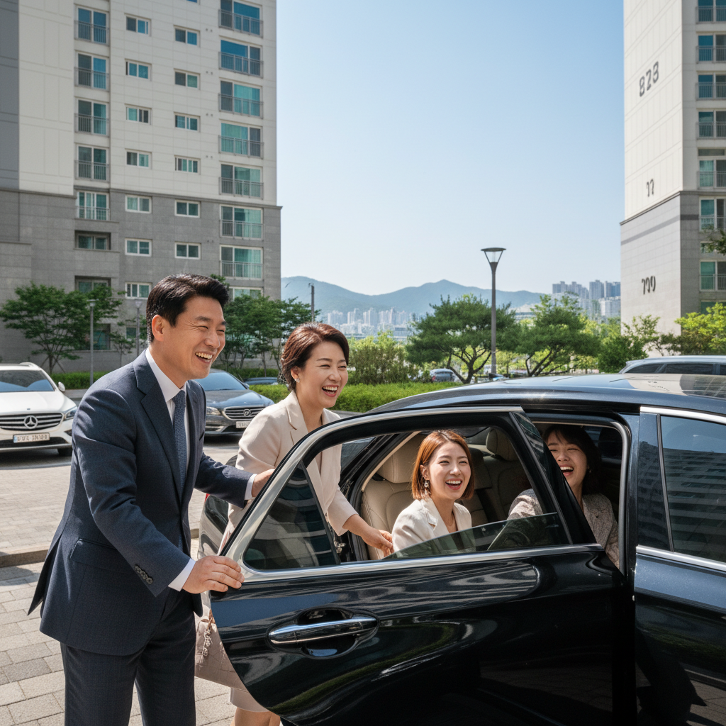 자동차보험공동물건 가입 후 안심하며 차에 타는 가족