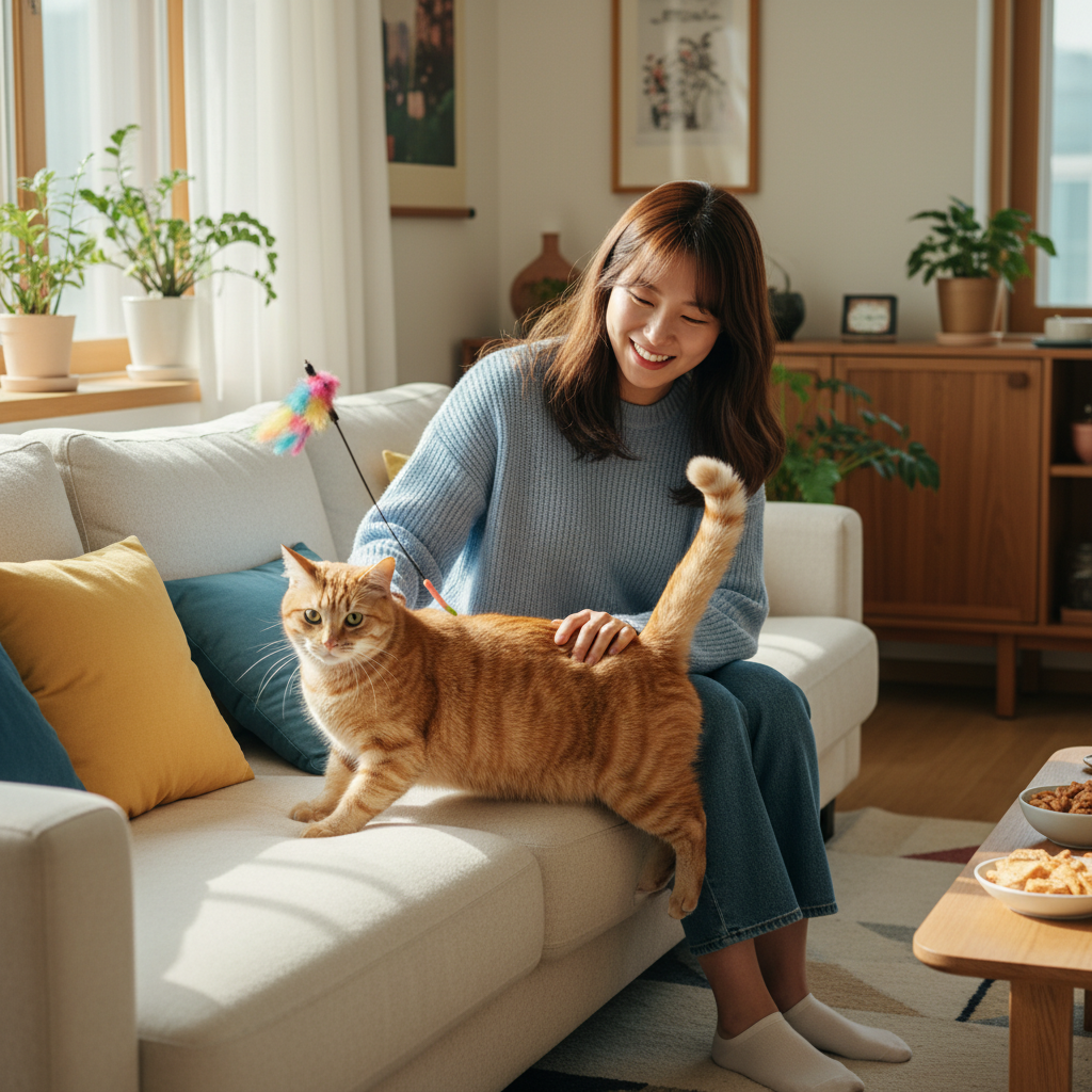 건강하게 뛰어노는 고양이와 행복해하는 집사 건강하게 뛰어노는 고양이와 행복해하는 집사
