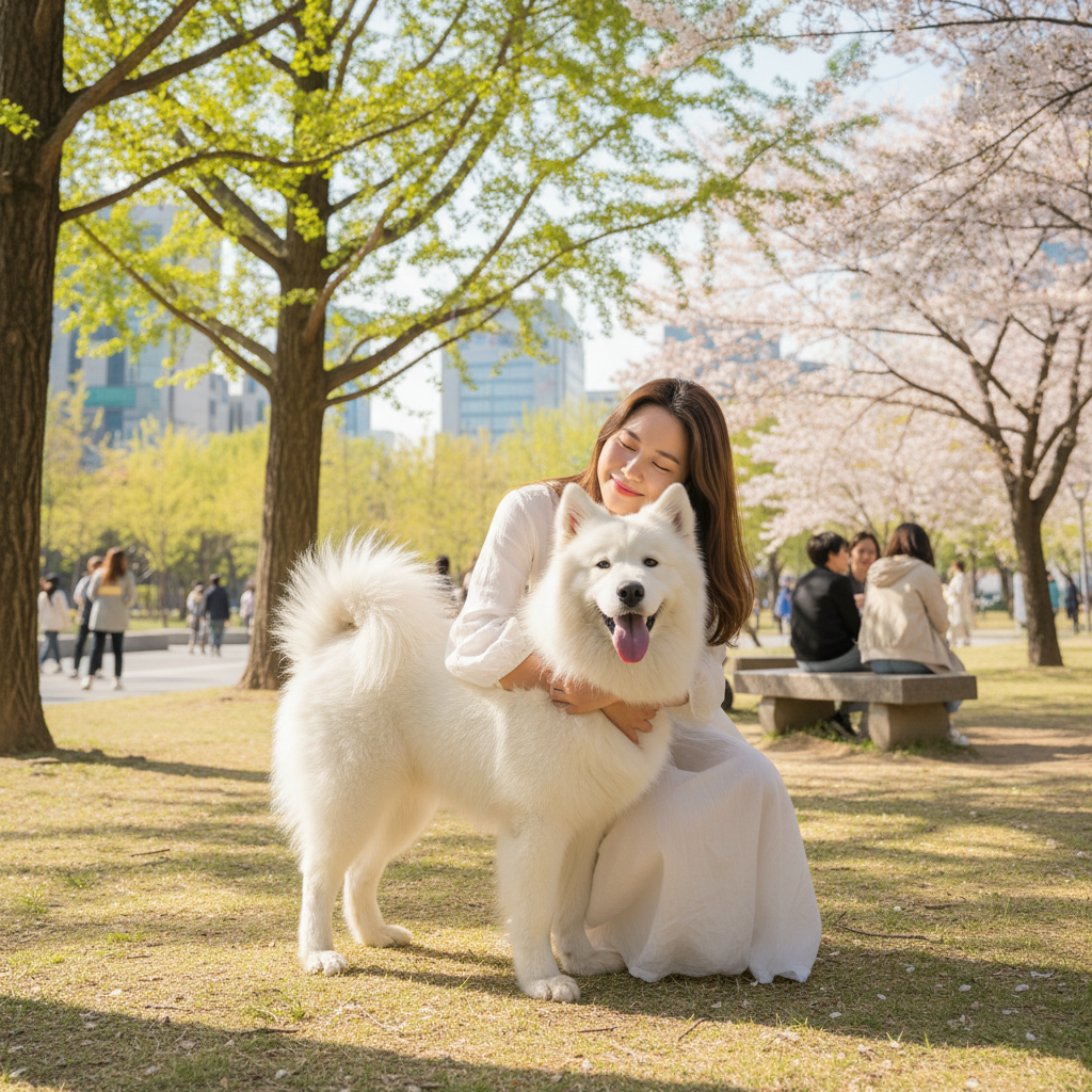 공원에서 행복하게 노는 애완견과 보호자
