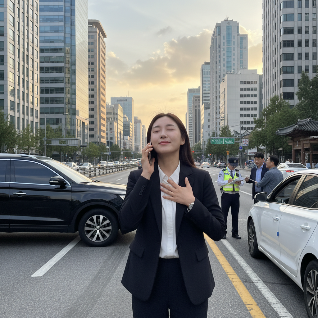 사고 발생 후 운전자보험 덕분에 안도하는 모습 사고 발생 후 운전자보험 덕분에 안도하는 모습