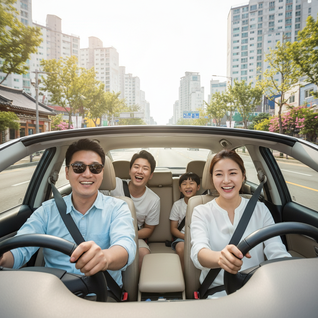 안전하게 운전하며 미소 짓는 가족의 모습