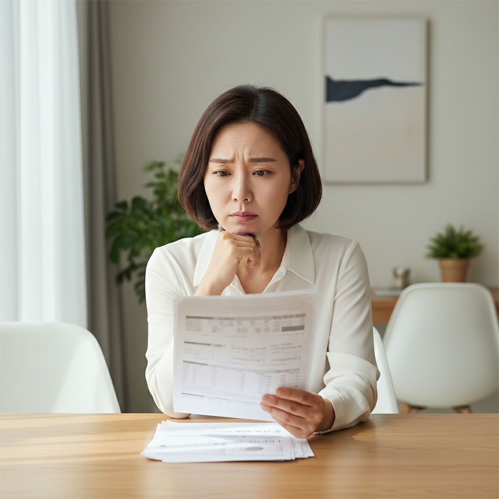 건강검진 결과를 보며 걱정하는 40대 여성