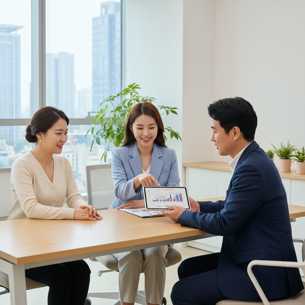 보험 컨설턴트가 64대질병수술비 보장을 설명하는 모습