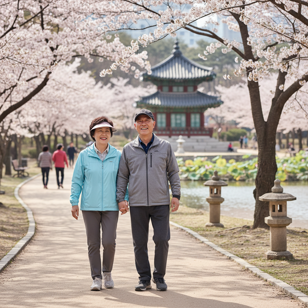 건강하고 행복하게 산책하는 노년 부부