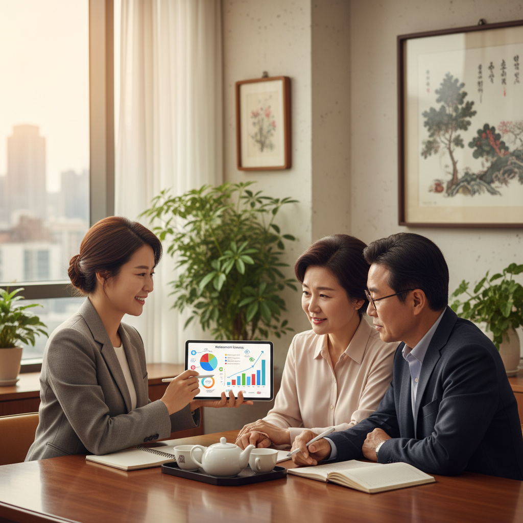 IRP계좌수수료 설명을 듣는 부부와 상담사