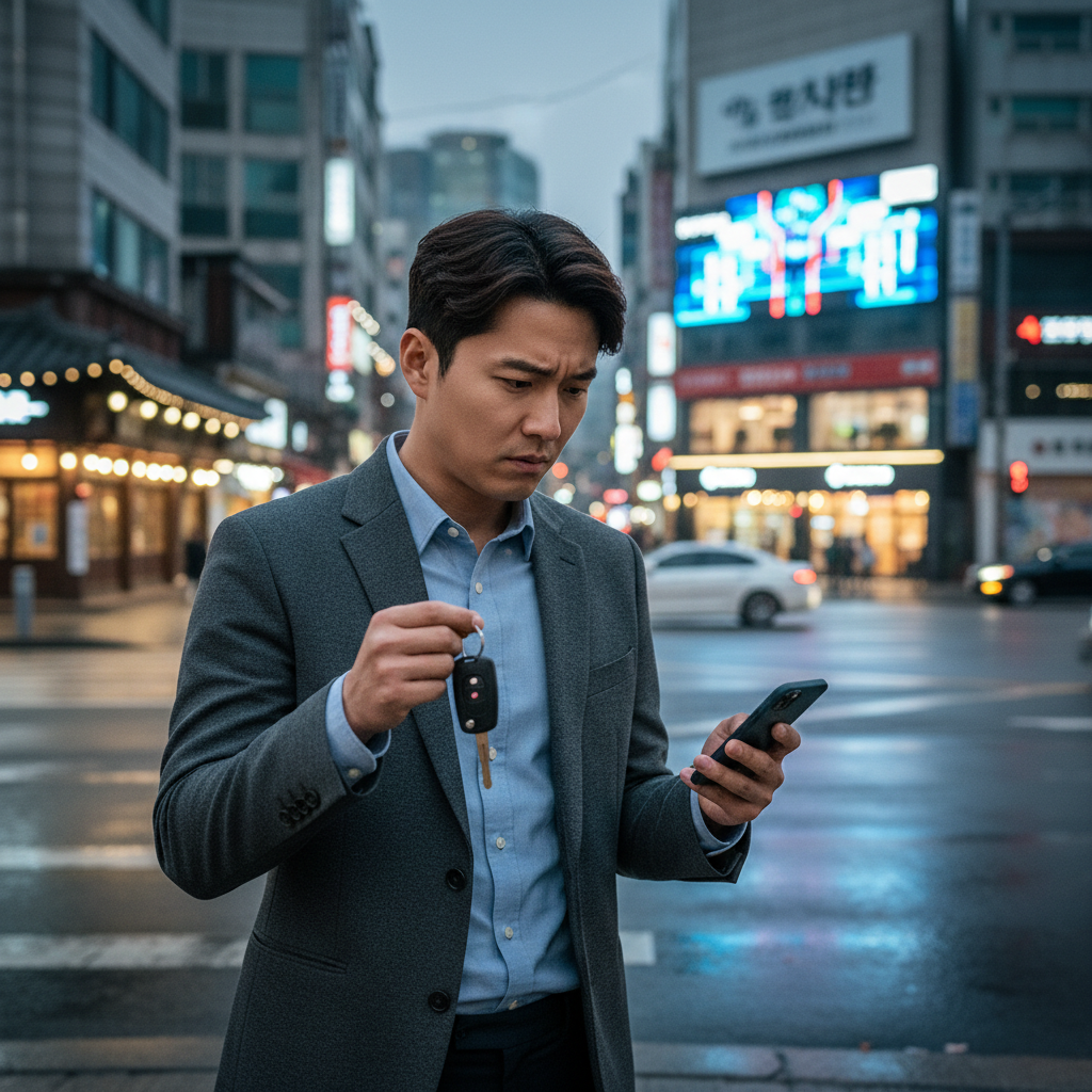자동차보험1일가입을 고민하는 불안한 표정의 사람