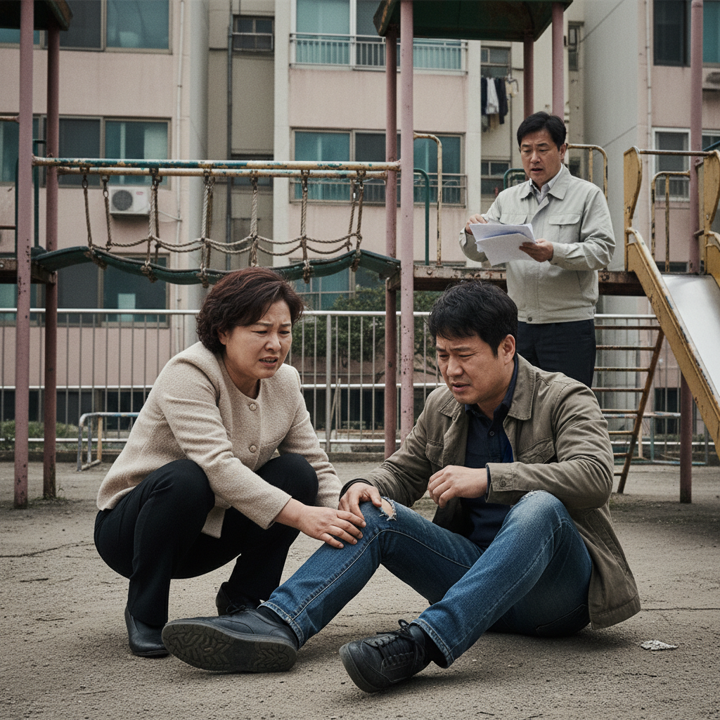 어린이놀이시설 사고로 걱정하는 부모와 시설 관리자