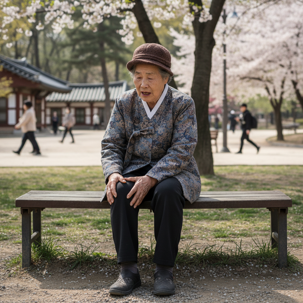 무릎 통증으로 고통스러워하는 노년 여성의 모습, 인공관절수술비보험의 필요성을 나타냄 무릎 통증으로 고통스러워하는 노년 여성의 모습, 인공관절수술비보험의 필요성을 나타냄