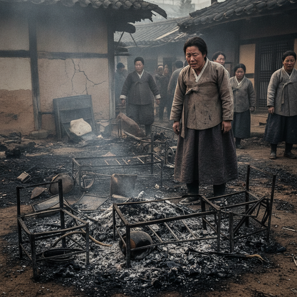 화재 피해 후 망연자실한 표정의 사람