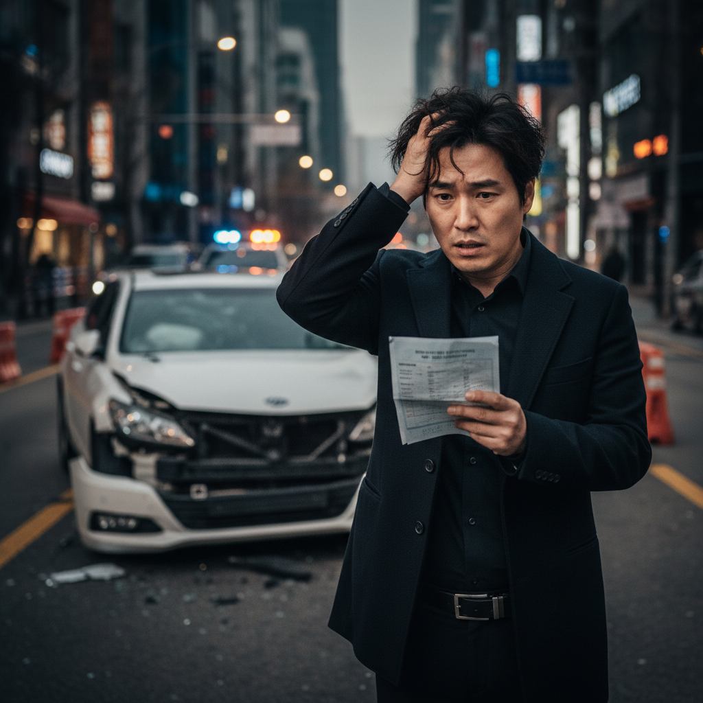 교통사고 후 막막함과 당황스러움에 휩싸인 운전자의 모습