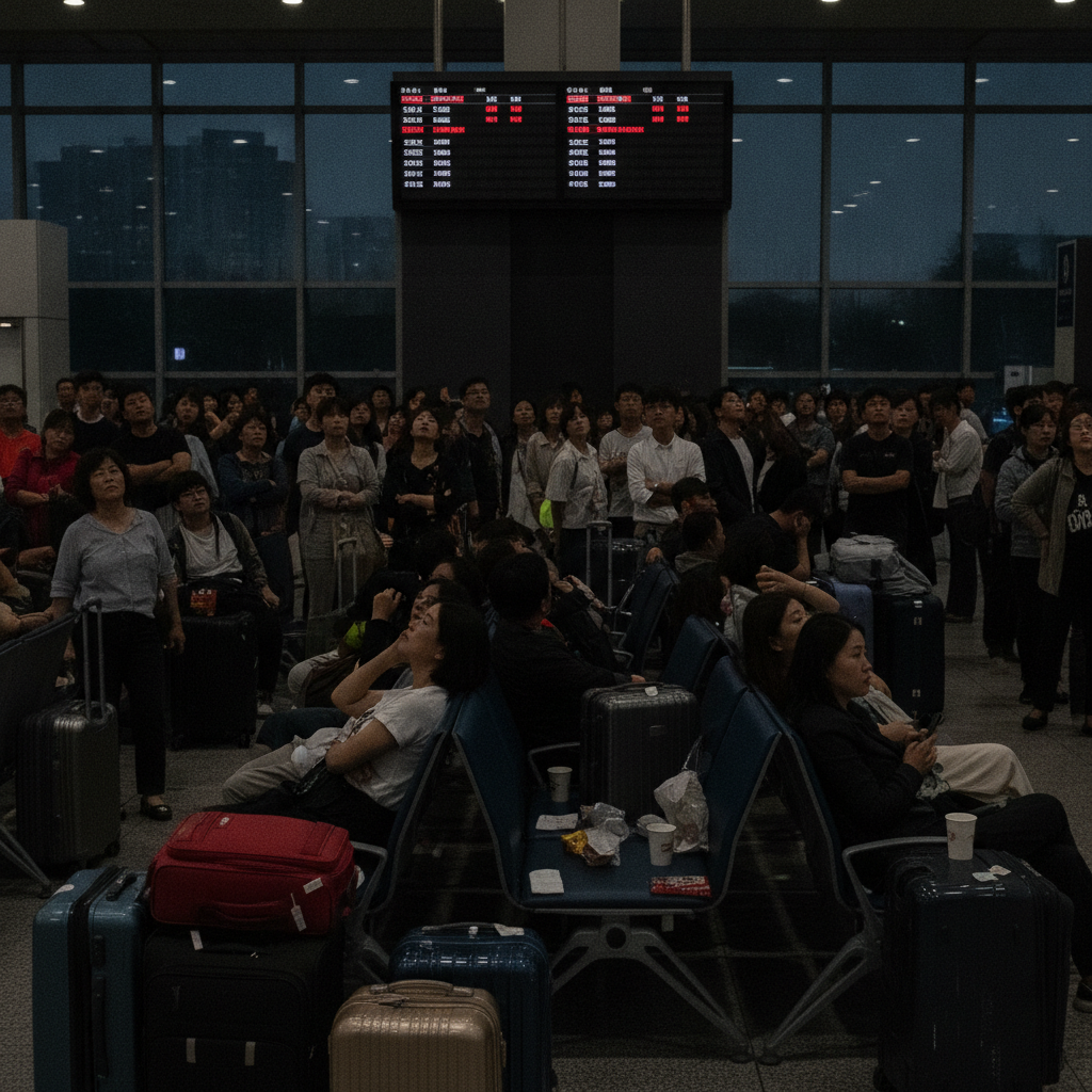 항공기 지연으로 지친 승객들이 공항에서 기다리는 모습