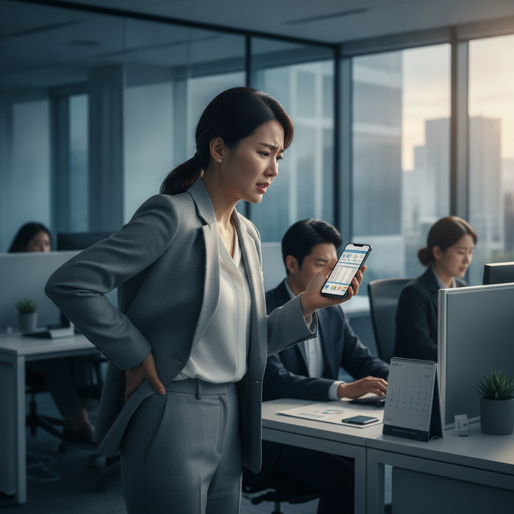 허리 통증으로 힘들어하는 젊은 여성, 한방병원보험의 필요성