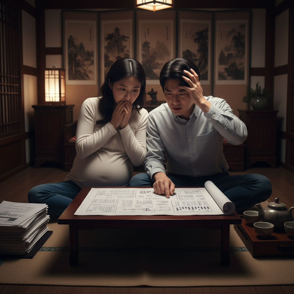 태아실손 보험 서류를 보며 걱정하는 예비 부모