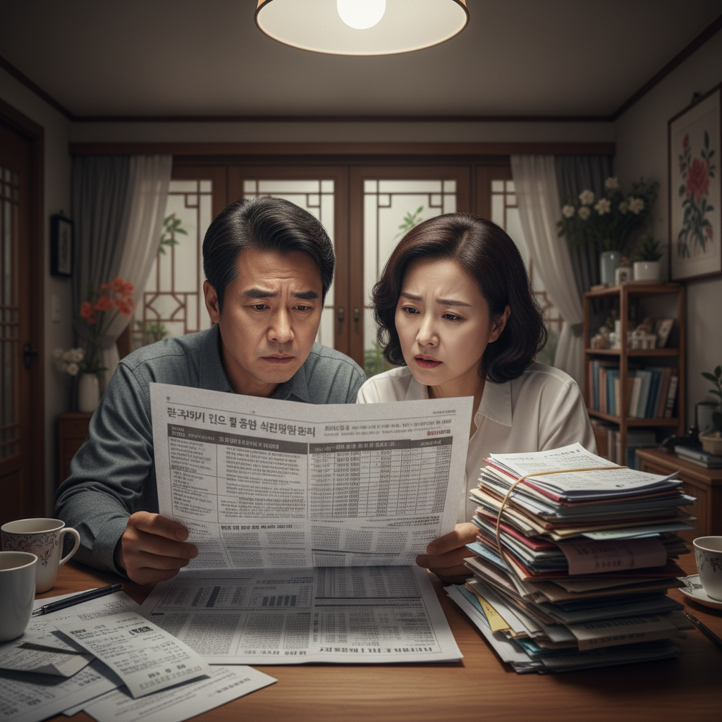 노후 준비에 대한 걱정을 하는 한국인 부부의 모습