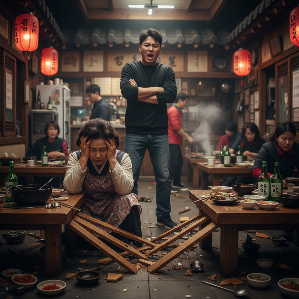 식당에서 손님 사고 발생으로 스트레스 받는 사장님의 모습 - 영업배상책임보험가입 필요성