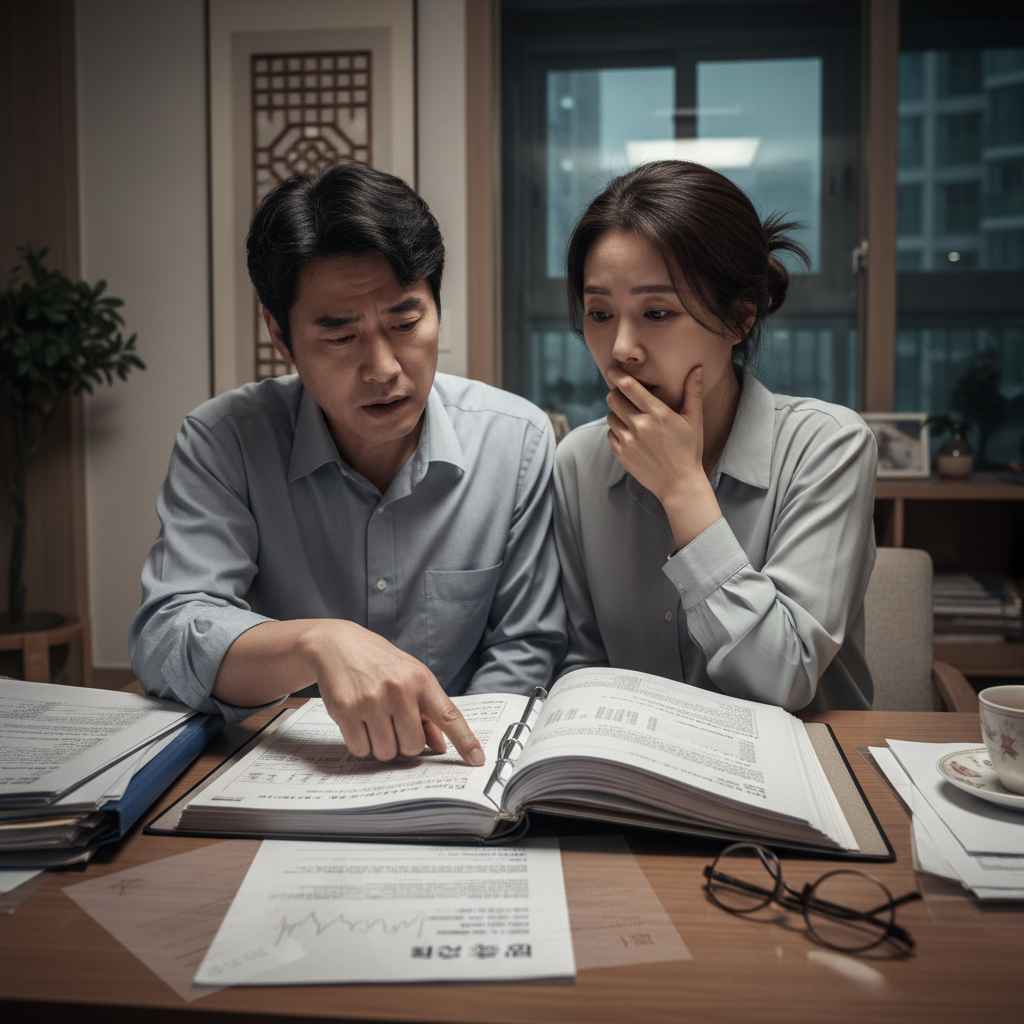 암보험가입순위를 보며 걱정하는 한국인 부부의 모습
