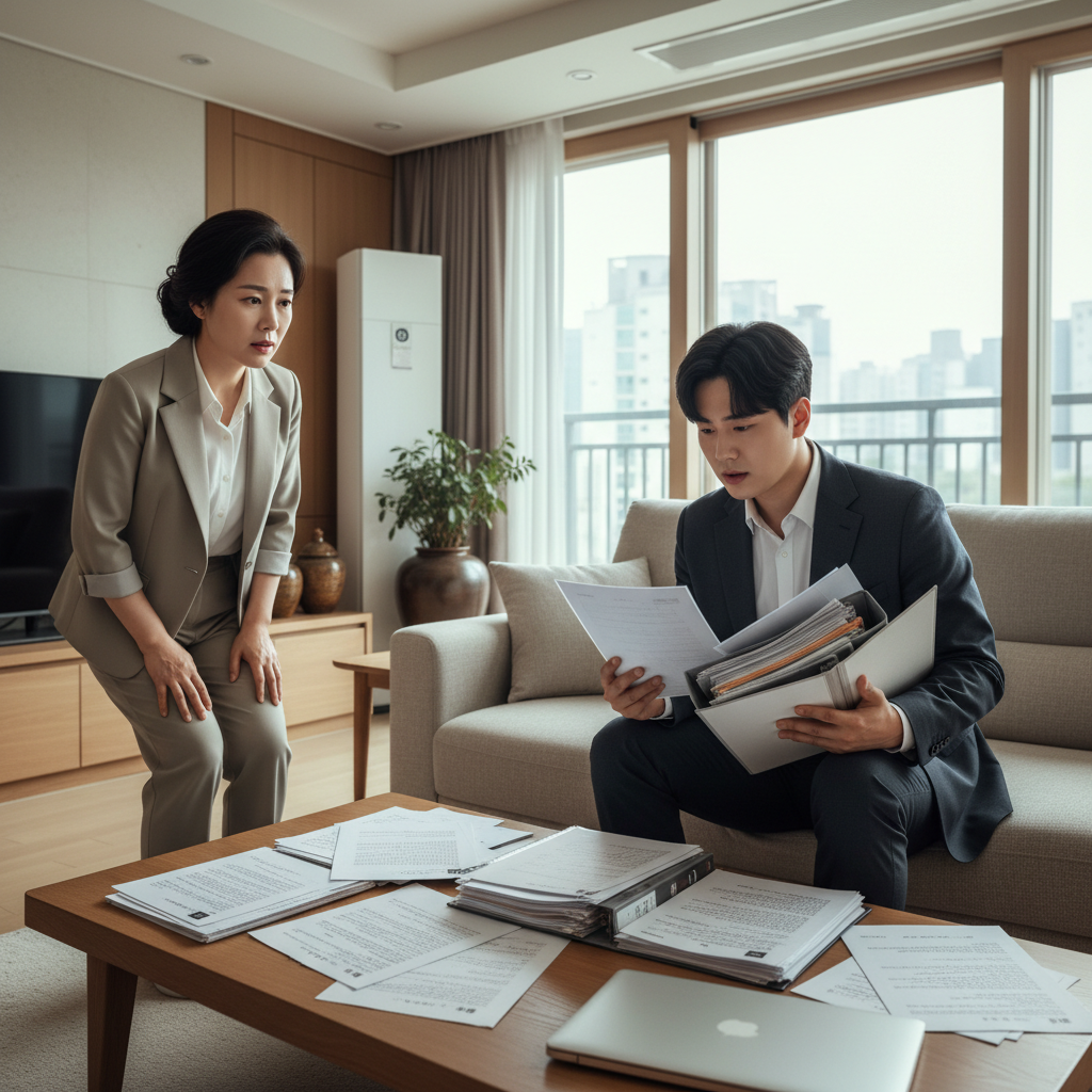 자녀보험추천 서류를 보며 고민하는 부모님 자녀보험추천 서류를 보며 고민하는 부모님