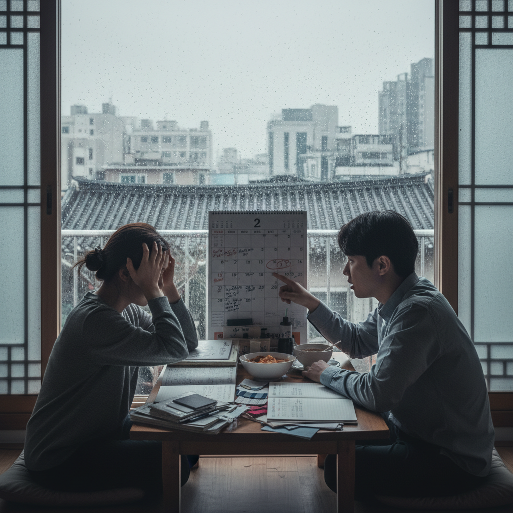 걱정스러운 표정으로 결혼 준비 달력을 보는 예비부부 걱정스러운 표정으로 결혼 준비 달력을 보는 예비부부