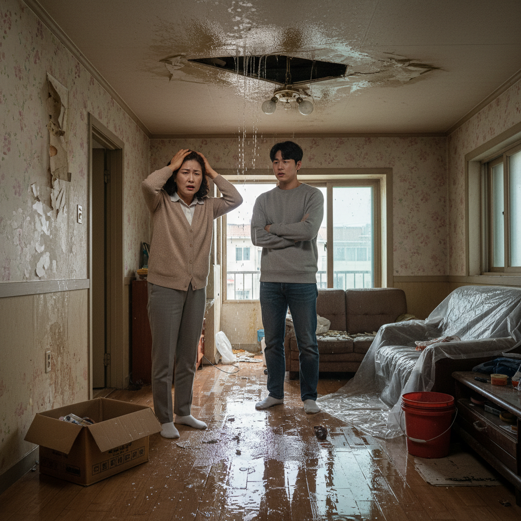 누수 피해로 고통받는 임대인과 세입자, 임대인보험의 필요성을 나타내는 이미지