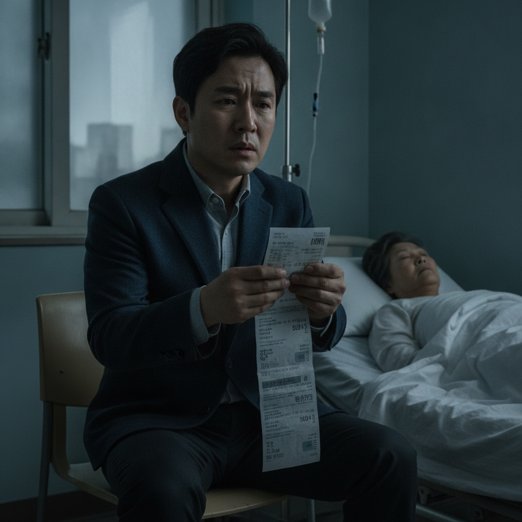 의료비 고지서를 들고 걱정하는 사람의 모습, 질병수술비보험추천의 필요성 의료비 고지서를 들고 걱정하는 사람의 모습, 질병수술비보험추천의 필요성