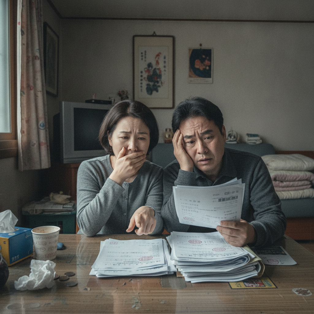 높은 병원비를 보고 걱정하는 한국인 부부의 모습