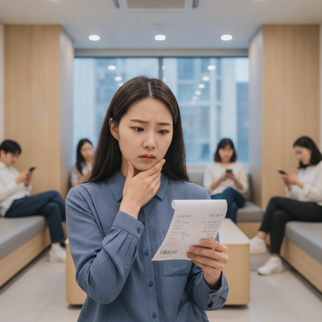 치과 치료비 청구서를 보며 걱정하는 사람의 모습 치과 치료비 청구서를 보며 걱정하는 사람의 모습