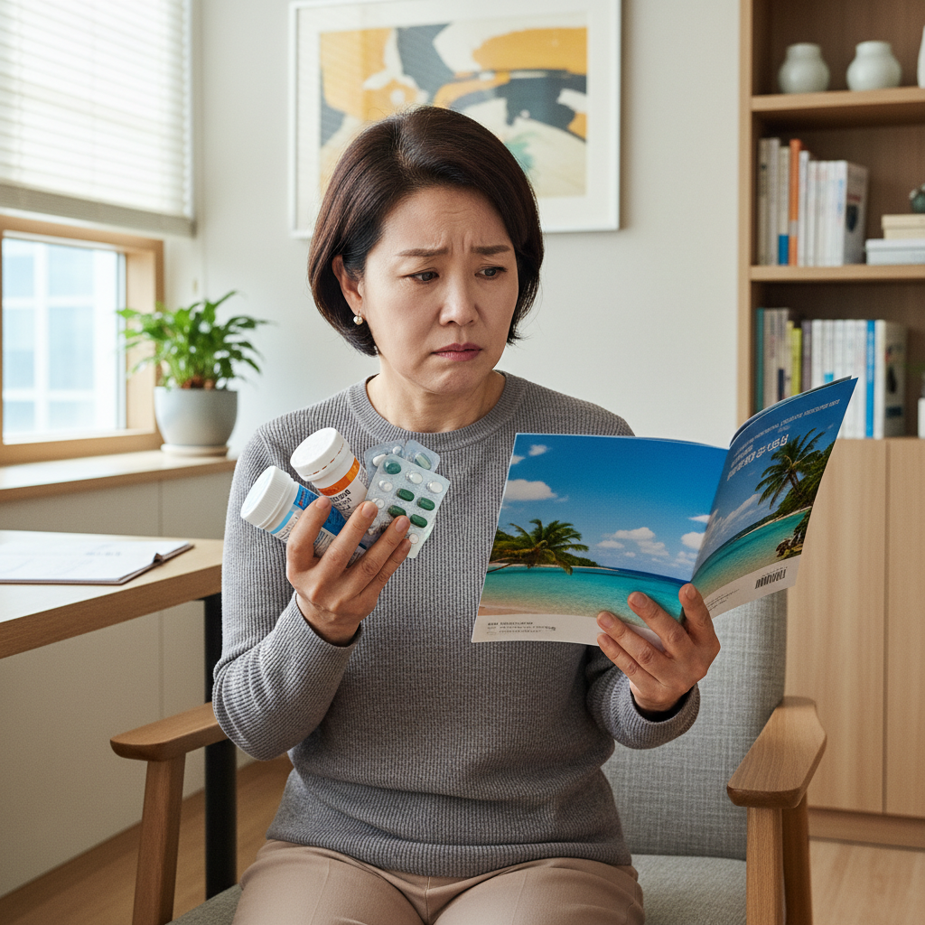 만성 질환 약을 보며 해외여행을 걱정하는 유병자