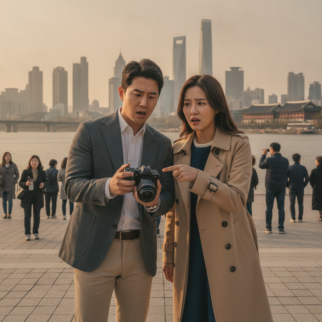상하이여행 중 파손된 카메라를 들고 걱정하는 모습