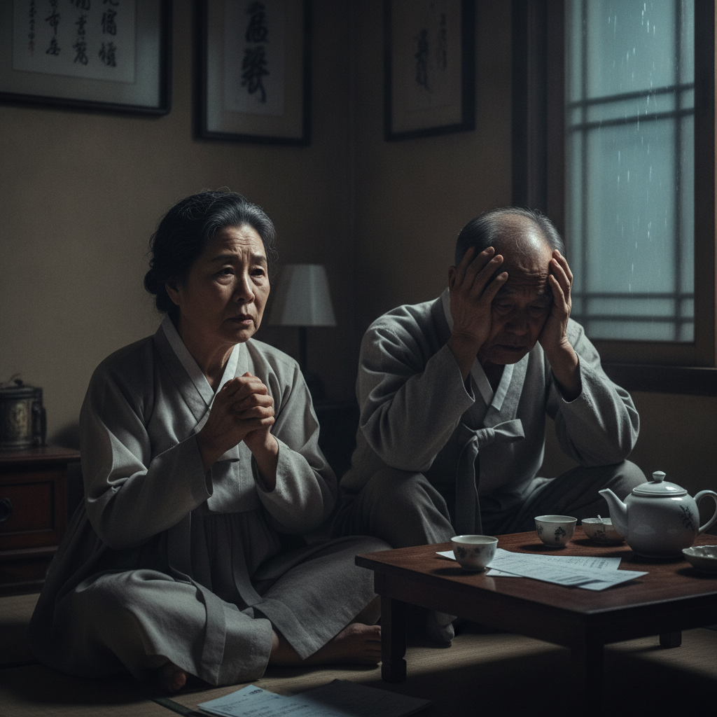 노년 부부가 간병비 걱정하는 모습 노년 부부가 간병비 걱정하는 모습