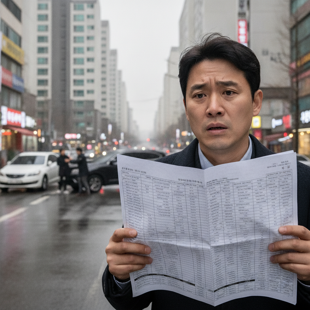 사고 후 복잡한 자동차보험 서류를 보며 고민하는 운전자 사고 후 복잡한 자동차보험 서류를 보며 고민하는 운전자