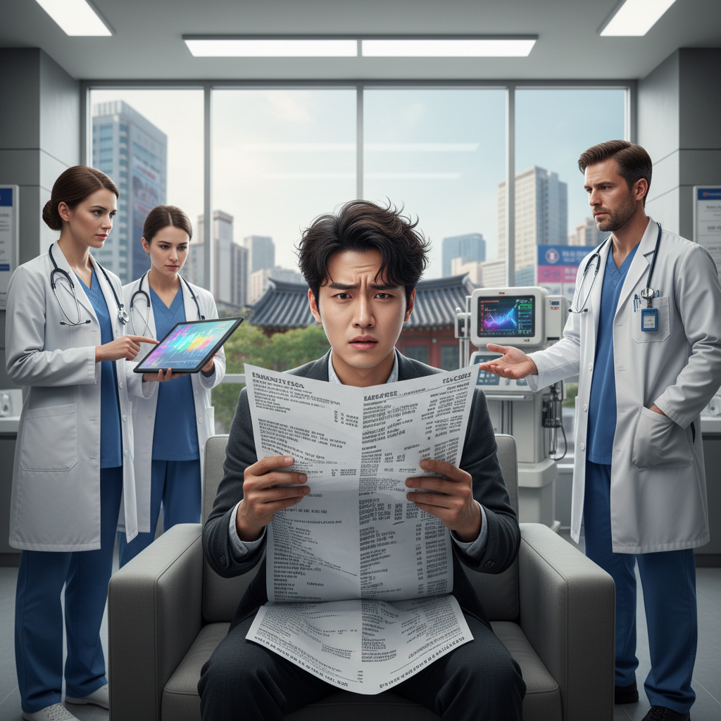 미국 병원에서 높은 의료비 청구서를 들고 당황한 표정의 한국인 미국 병원에서 높은 의료비 청구서를 들고 당황한 표정의 한국인