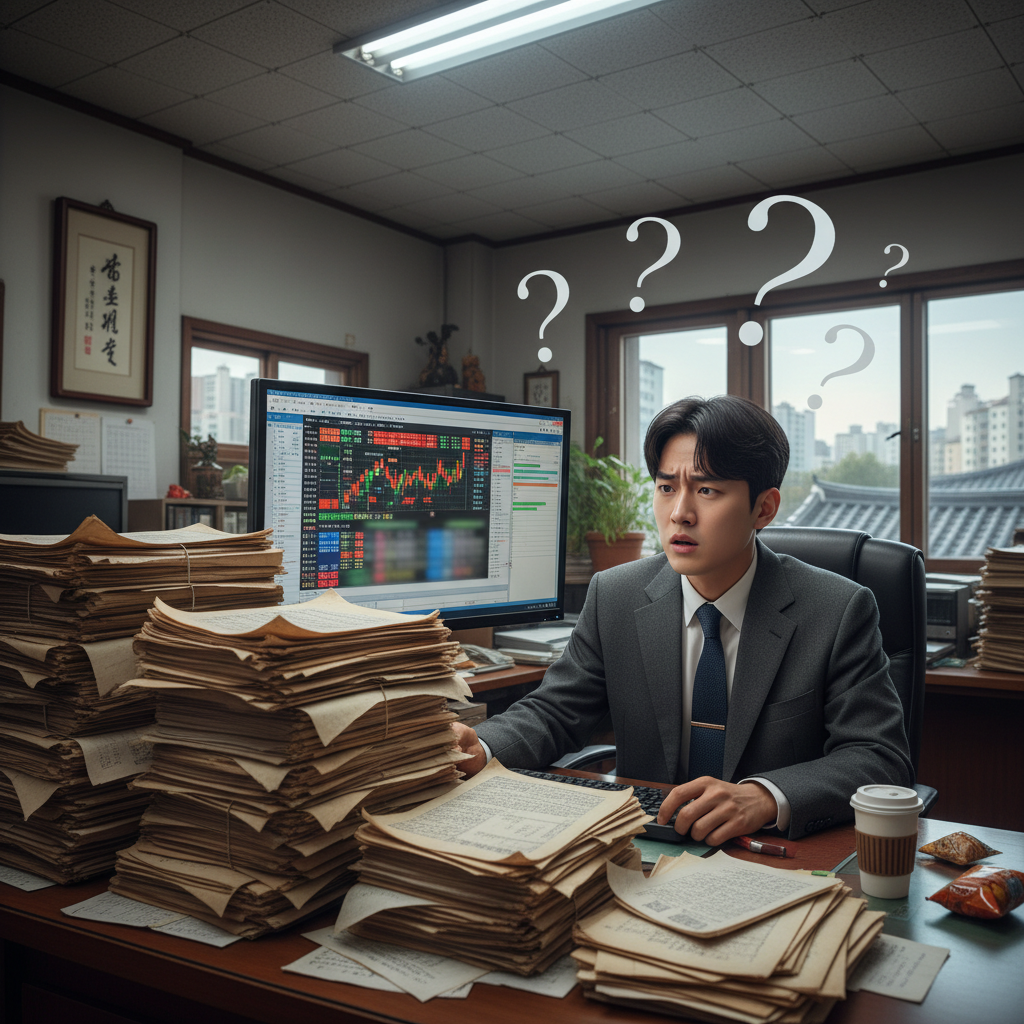 보험가입여부확인을 궁금해하며 서류 더미 앞에서 혼란스러워하는 사람