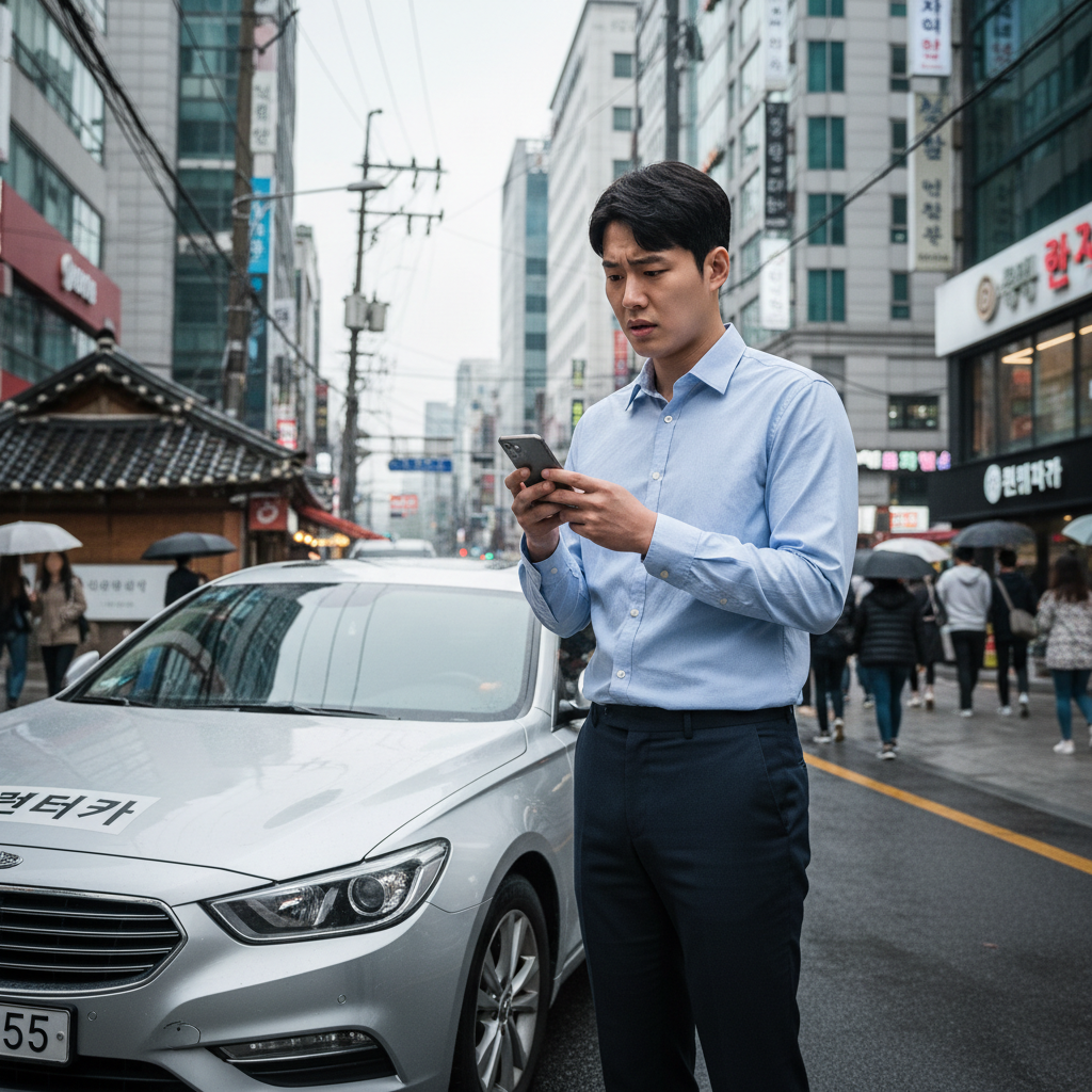 빌린 차 옆에서 불안해하는 운전자, 자동차단기보험가입 필요성