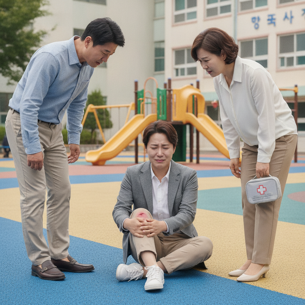 학교 운동장에서 다친 초등학생 아이와 걱정하는 부모님