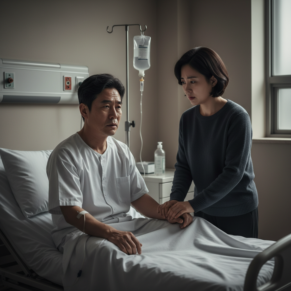 병원 침대에 앉아 걱정하는 뇌심혈관질환 환자와 가족 병원 침대에 앉아 걱정하는 뇌심혈관질환 환자와 가족