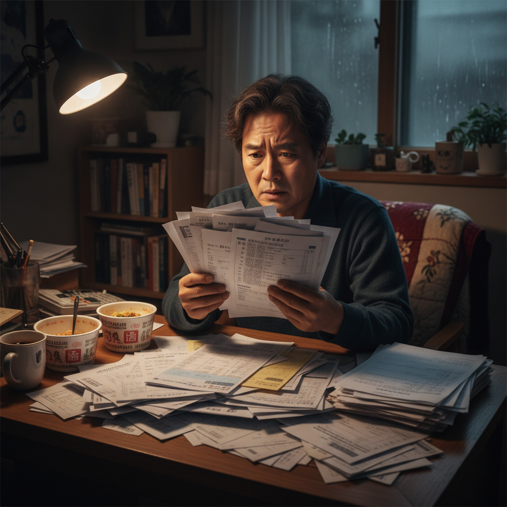 치솟는 비갱신건강보험료 고지서를 보며 걱정하는 사람